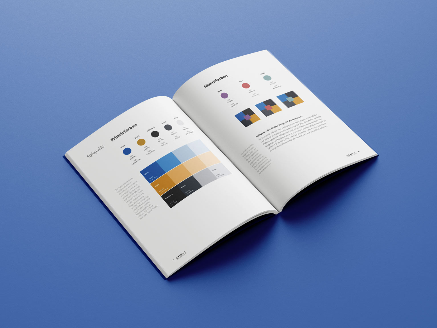 Aufgeschlagener Styleguide der Firma Dioptic mit Farbpalette, Typografie und Designelementen zur Markenidentität